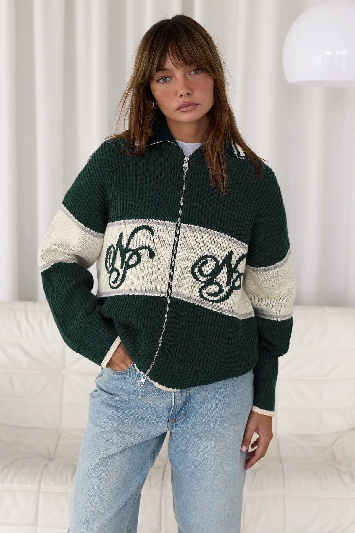 Voyage Knit Zip-Up Cardigan Green