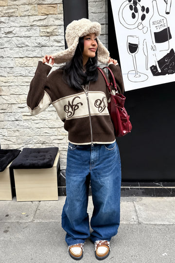 Voyage Knit Zip-Up Cardigan Brown