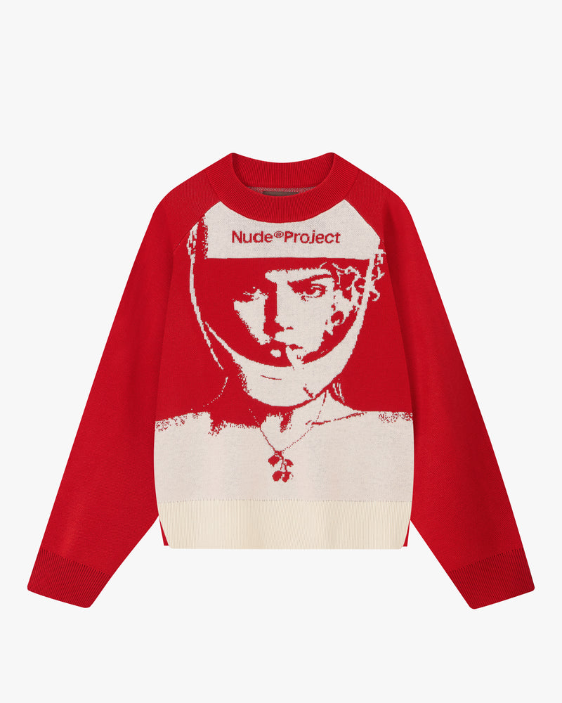 Face Knit Sweater Red