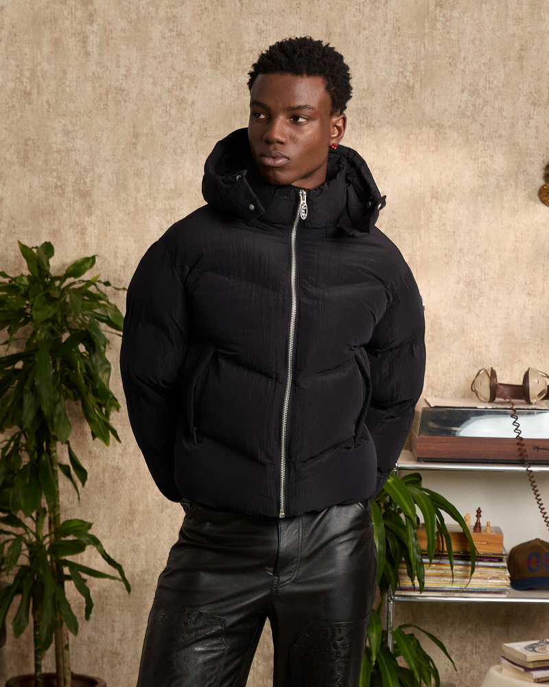 Black puffer jacket with a hood online