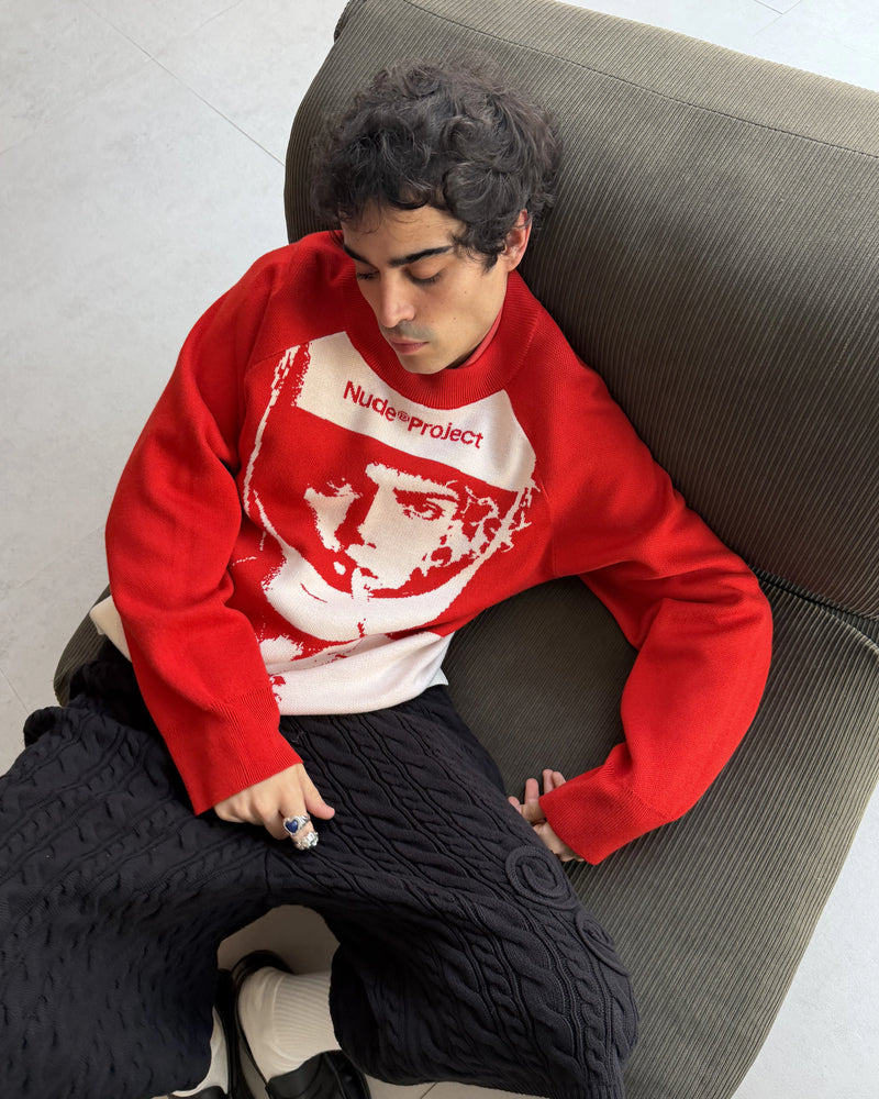 Face Knit Sweater Red