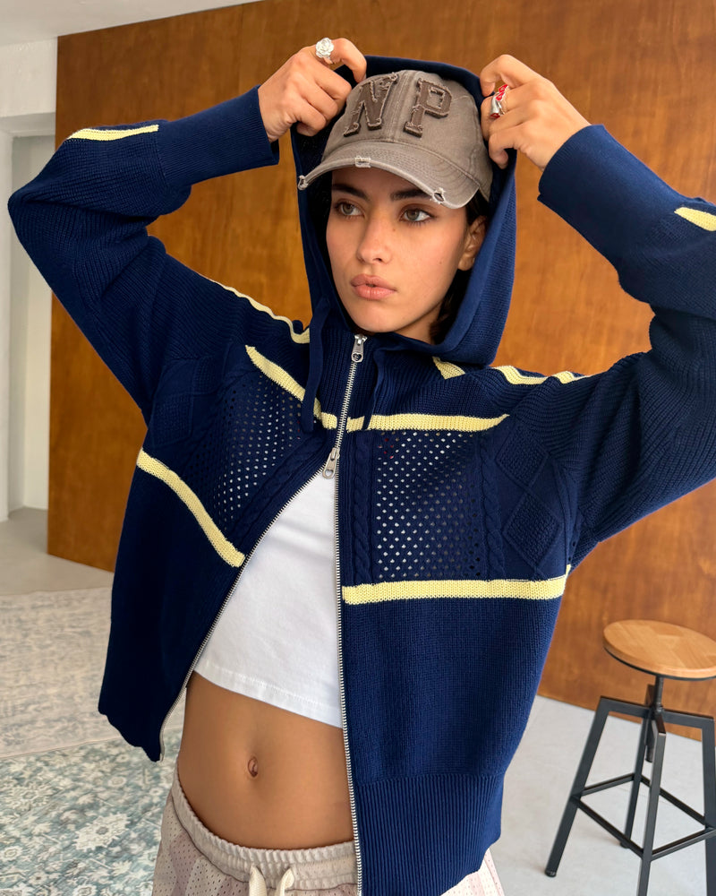 Monk Knit Zip-Up Hoodie Navy