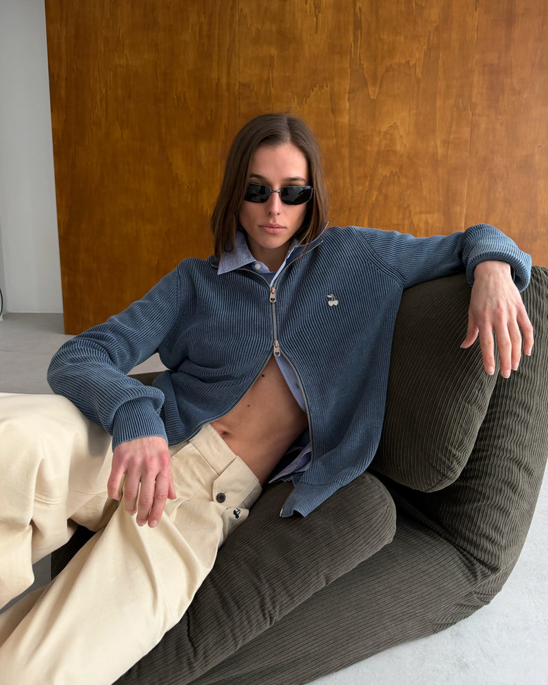 Shady Knit Zip-Up Cardigan Petrol Blue