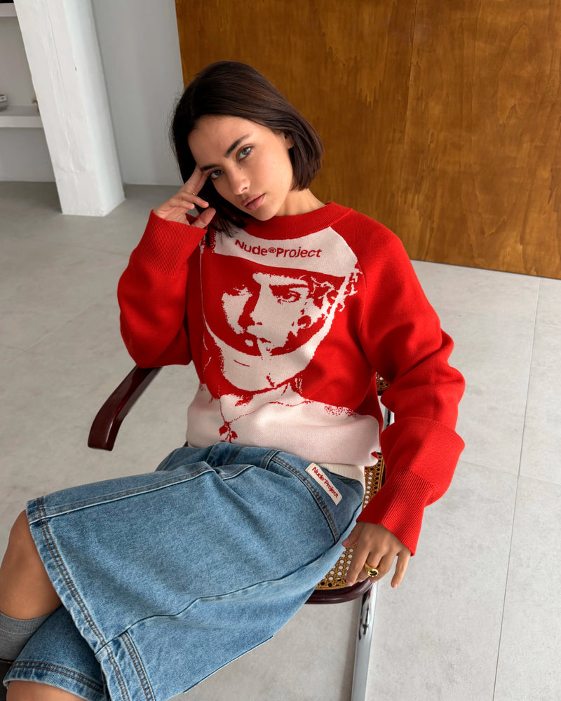 Face Knit Sweater Red
