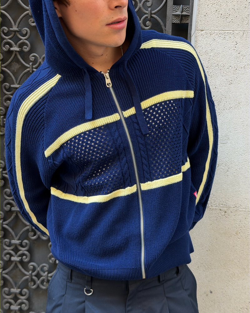 Monk Knit Zip-Up Hoodie Navy