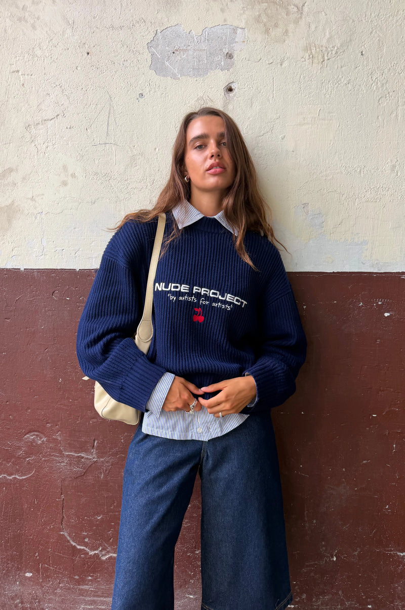 Wavy Knit Sweater Navy