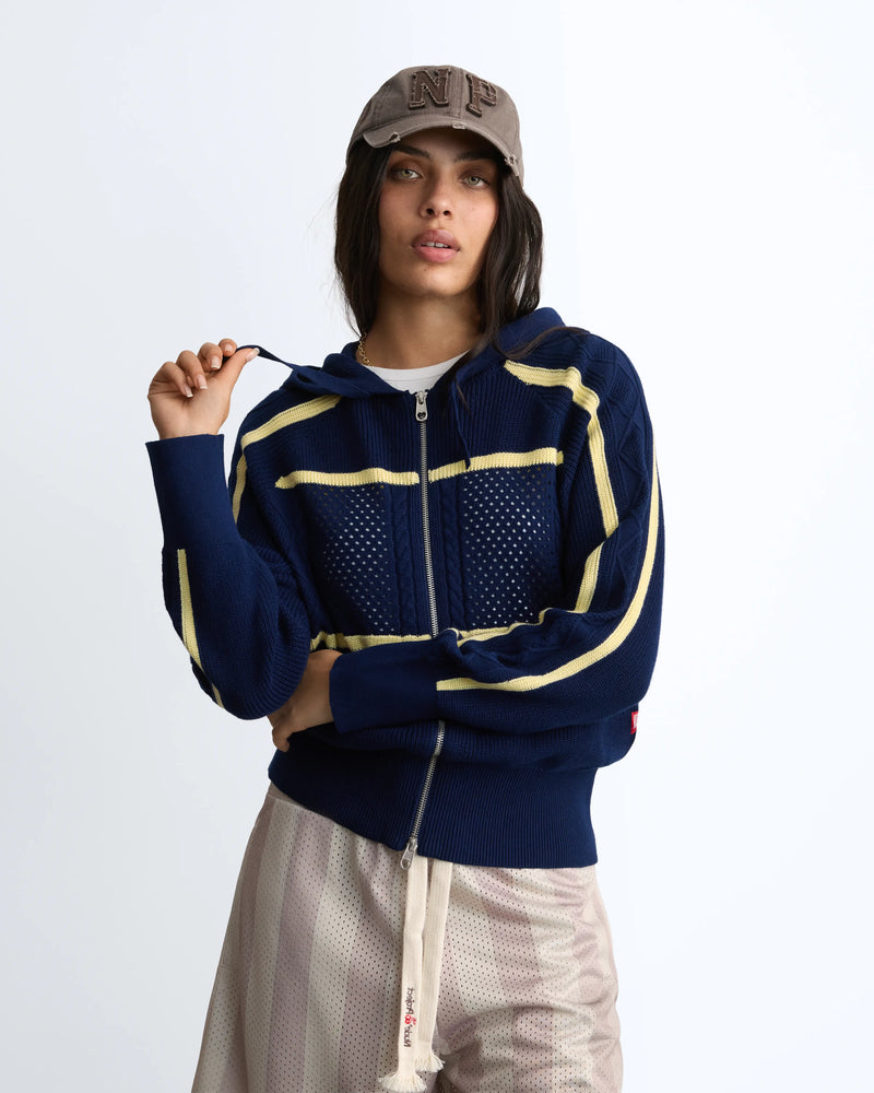 Monk Knit Zip-Up Hoodie Navy