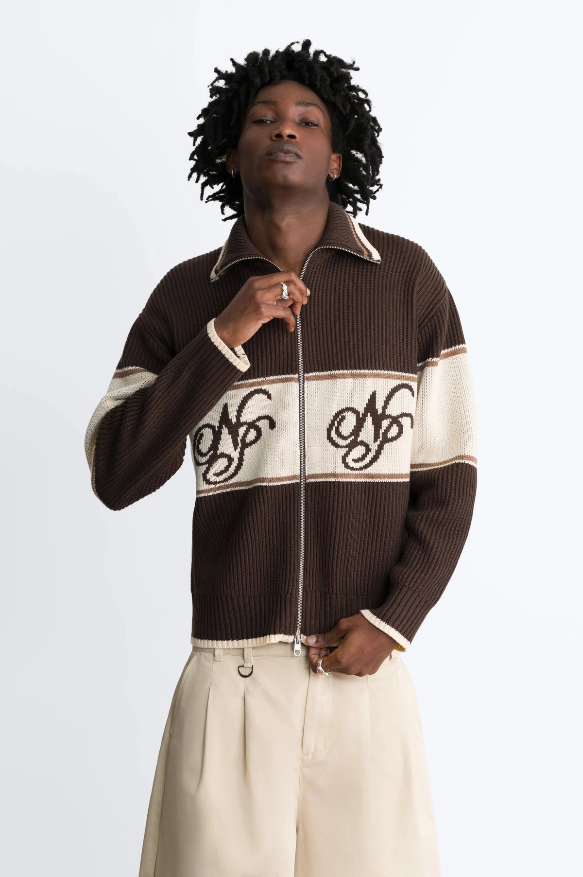Voyage Knit Zip-Up Cardigan Brown