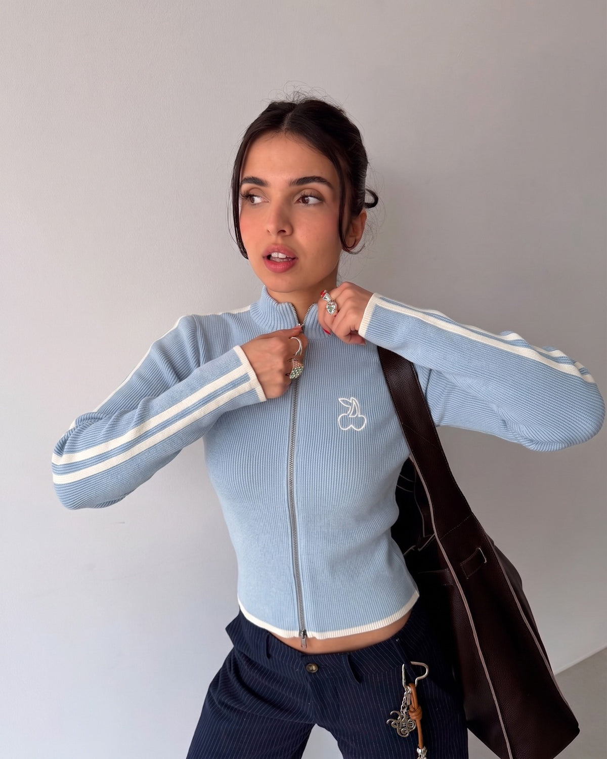 Cherries Full-Zip Knit Light Blue