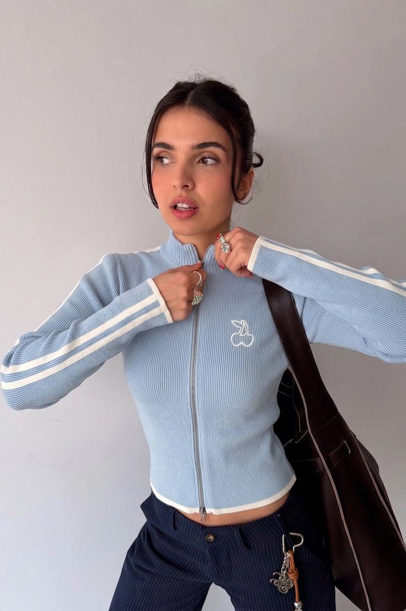 Cherries Full-Zip Knit Light Blue